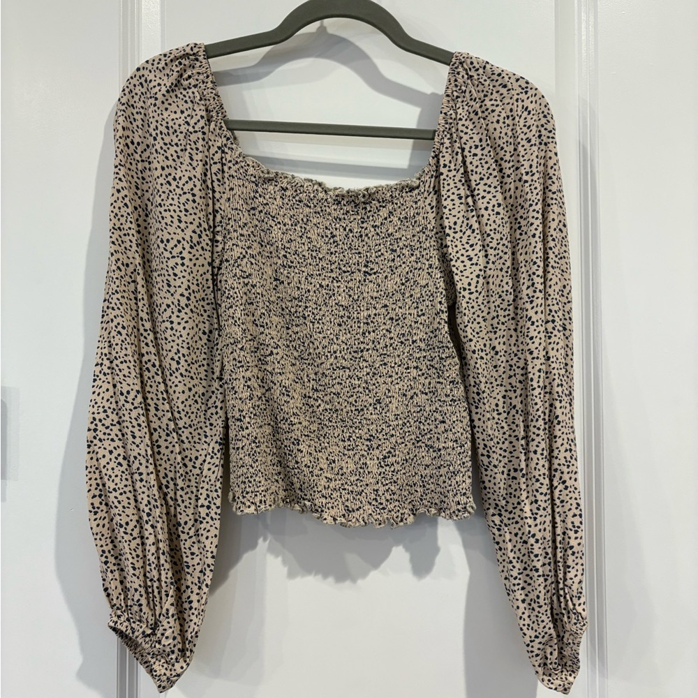 Sun Day Club Animal Print Smocked Blouse With Puff Sleeves and Square Neckline
